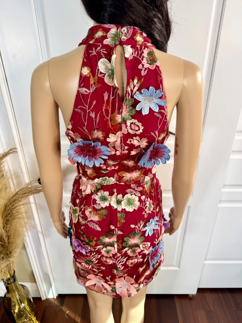 RACER TOP FITTED BURGUNDY MINI DRESS WITH 3D MULTI-COLORED FLORAL DETAILS - Picture 12 of 16